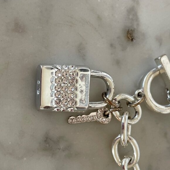 HOUSE OF HARLOW 1960 Crystal Jeweled Padlock & Key Silvertone Link Brace… - Picture 14 of 16
